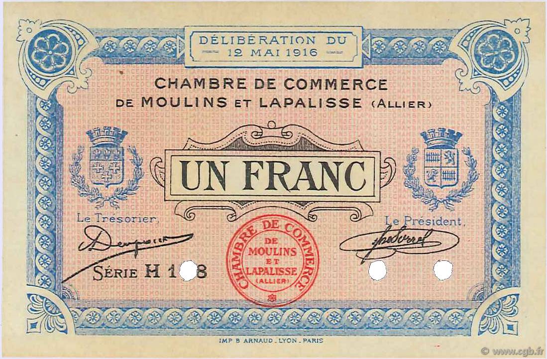1 Franc Spécimen FRANCE Regionalismus und verschiedenen Moulins et Lapalisse 1916 JP.086.06 VZ
