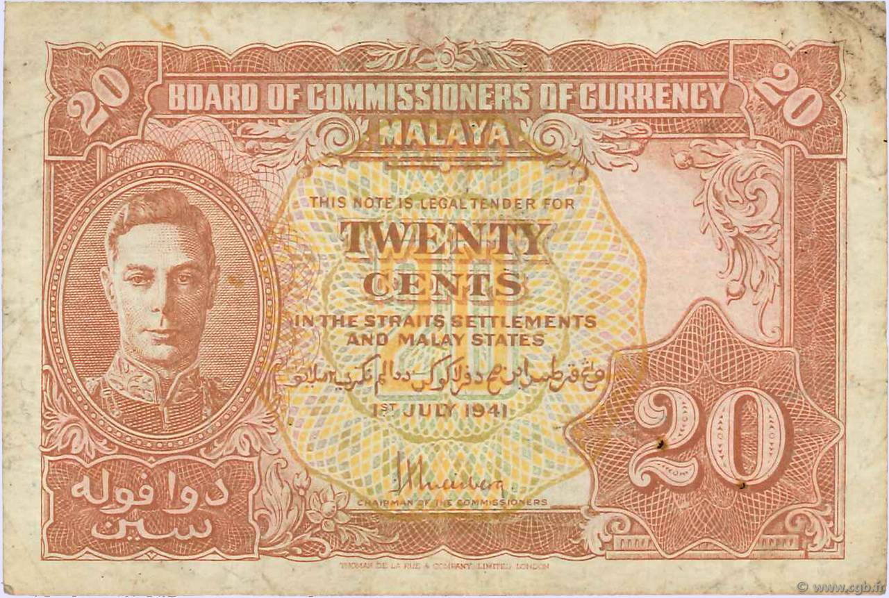 20 Cents MALAYA  1941 P.09a MB