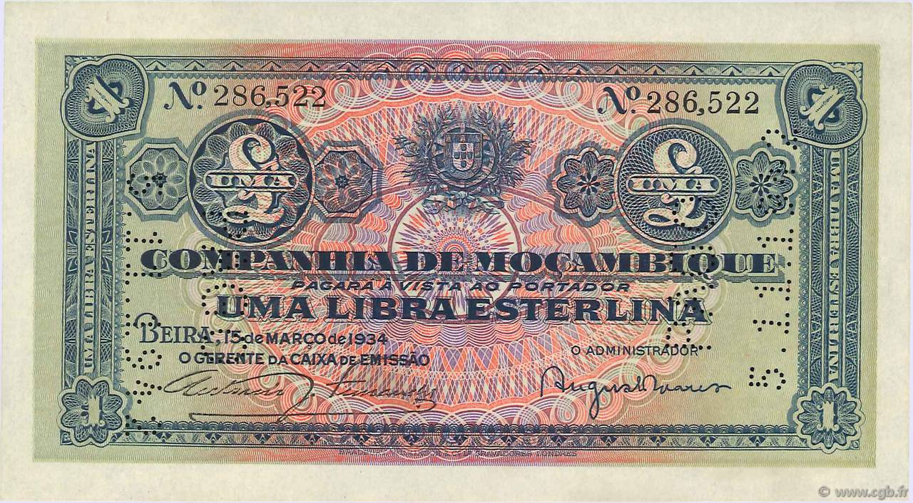 1 Libra MOZAMBIK Beira 1934 P.R31 ST