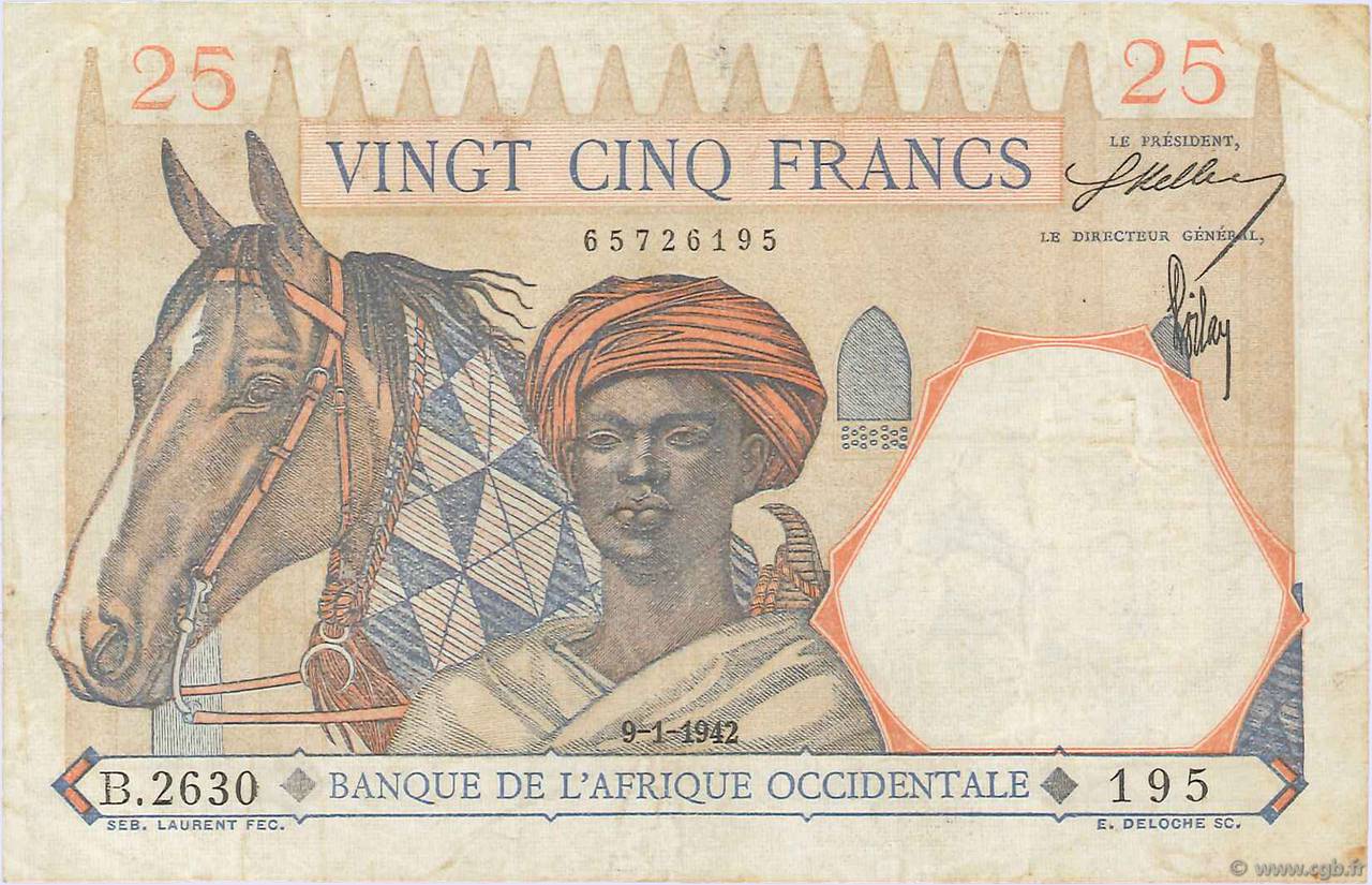 25 Francs FRENCH WEST AFRICA  1942 P.27 fSS