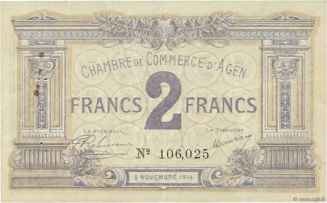 2 Francs FRANCE regionalismo y varios Agen 1914 JP.002.05 MBC
