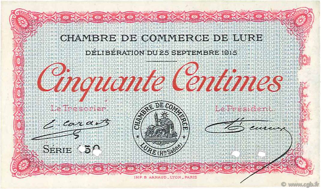 50 Centimes Annulé FRANCE regionalism and various Lure 1915 JP.076.05 AU