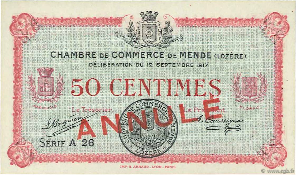 50 Centimes Annulé FRANCE regionalismo e varie Mende 1917 JP.081.02 FDC