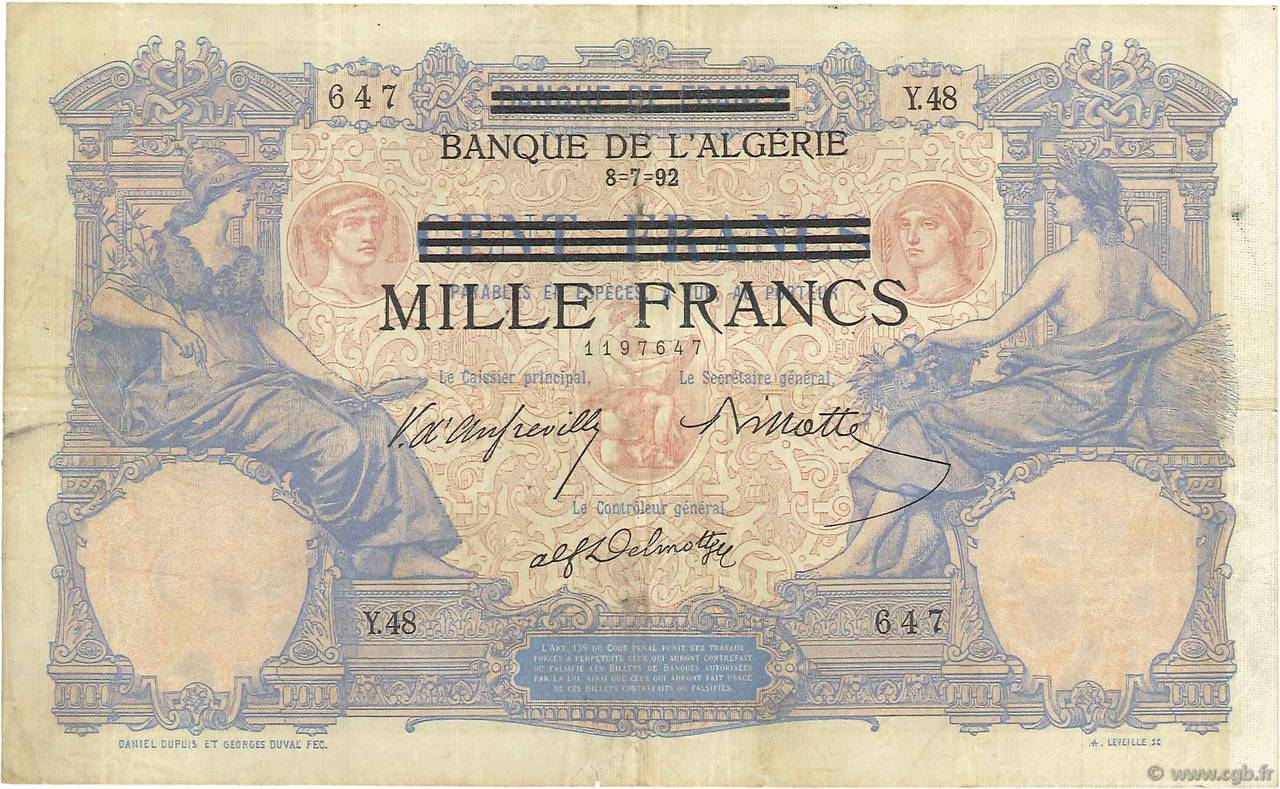 1000 Francs sur 100 Francs TUNESIEN  1943 P.31 SS
