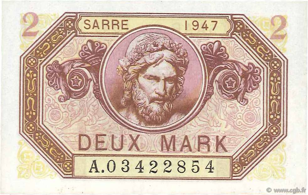 2 Mark SARRE FRANCE  1947 VF.45.01 pr.NEUF