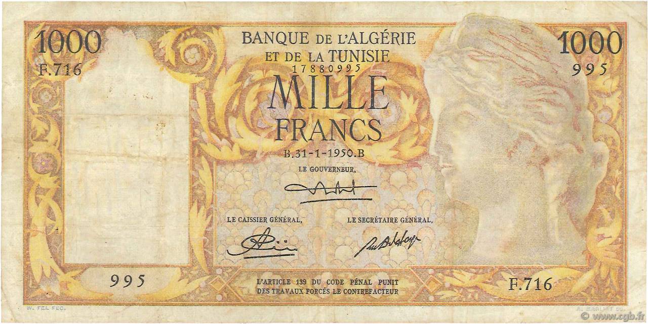 1000 Francs ALGERIA  1950 P.107a VF