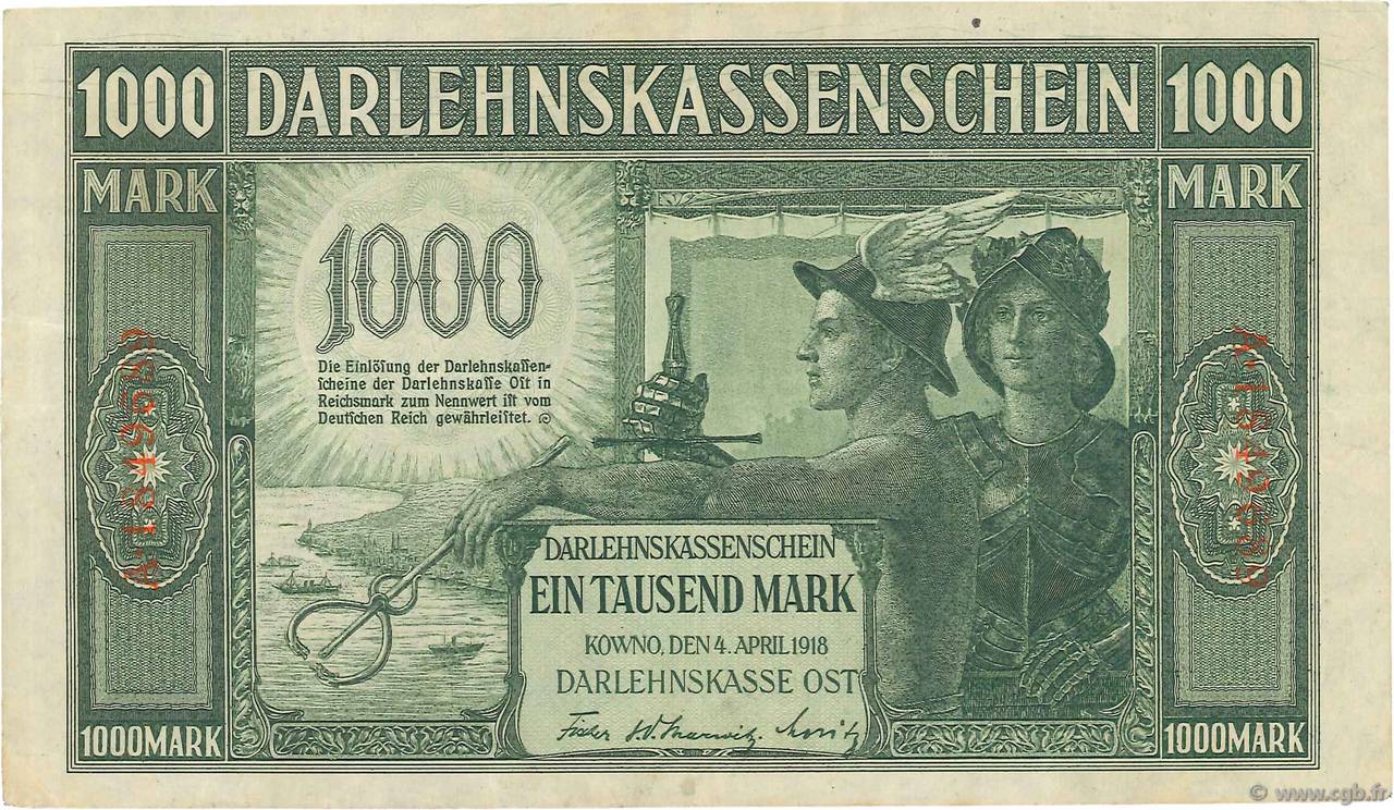 1000 Mark GERMANY Kowno 1918 P.R134b XF