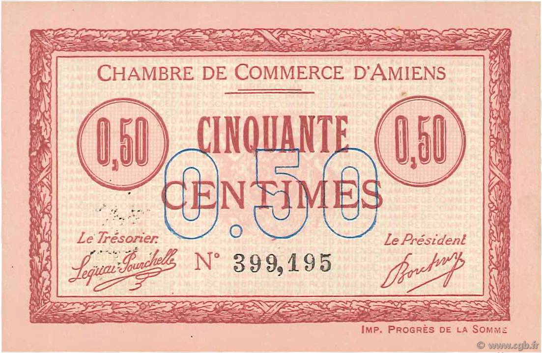 50 Centimes FRANCE regionalism and various Amiens 1915 JP.007.14 UNC