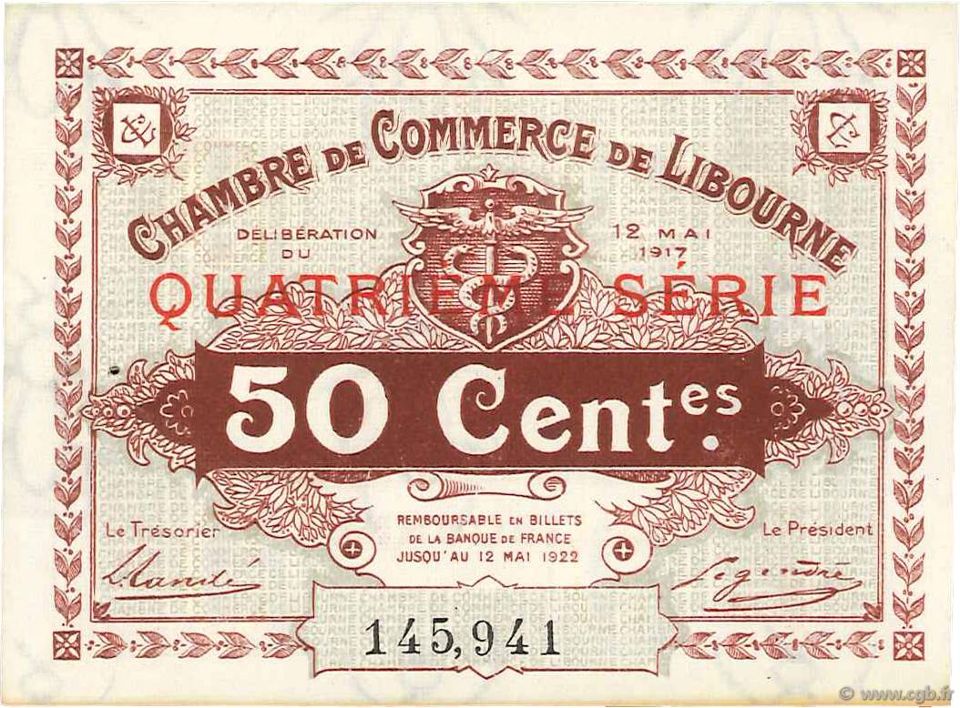 50 Centimes FRANCE regionalismo y varios Libourne 1917 JP.072.18 MBC a EBC