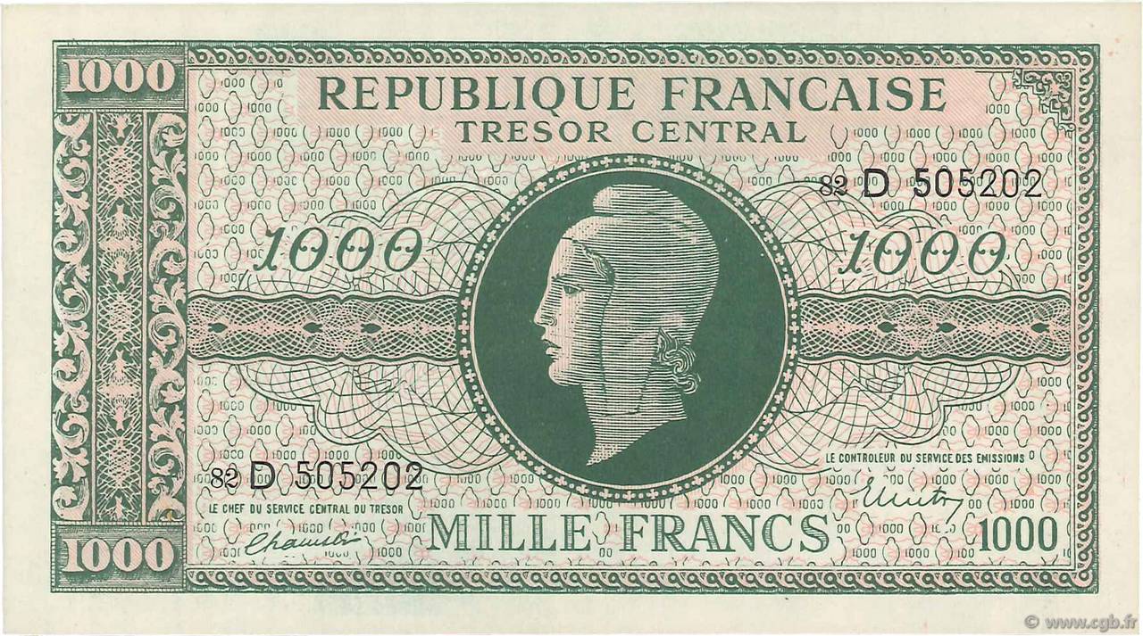 1000 Francs MARIANNE THOMAS DE LA RUE Faux FRANCIA  1945 VF.13.01x SC+