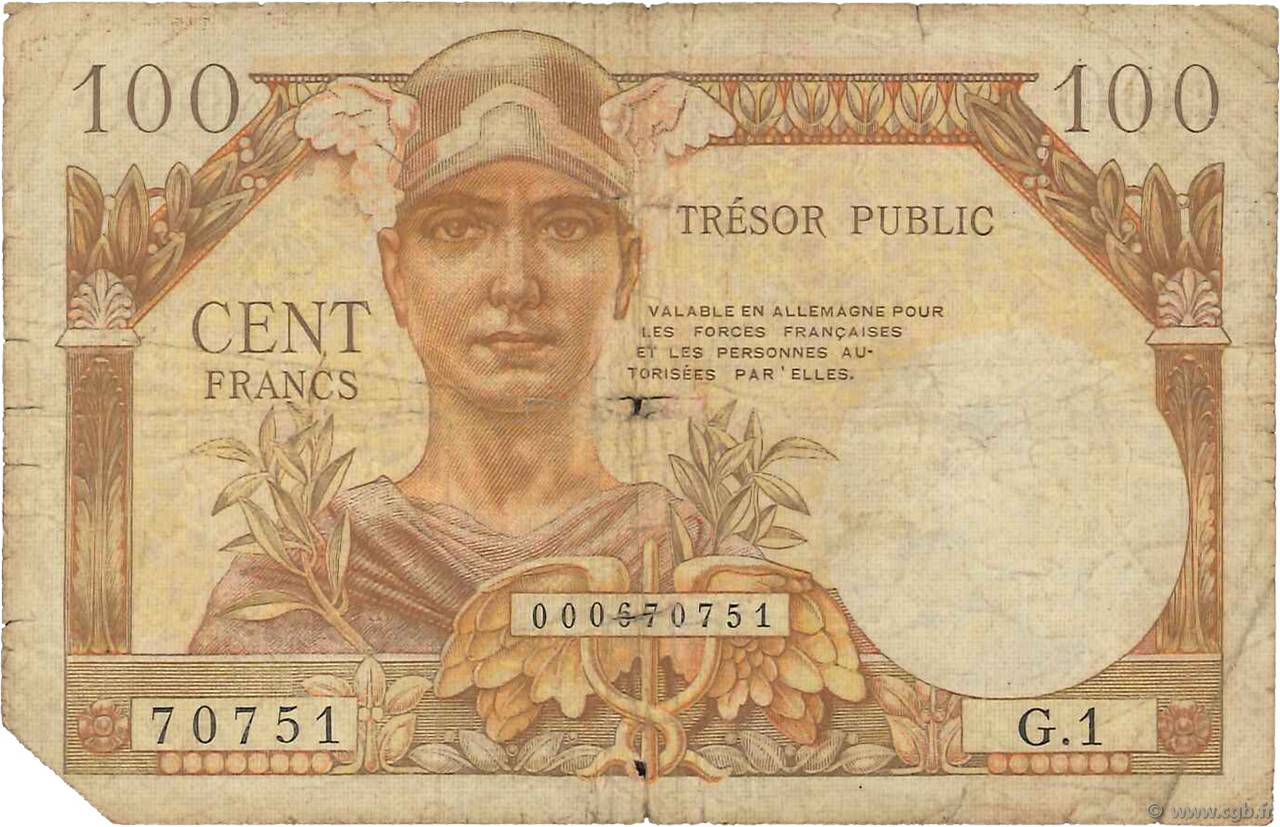100 Francs TRÉSOR FRANÇAIS FRANCIA  1947 VF.32.01 q.B