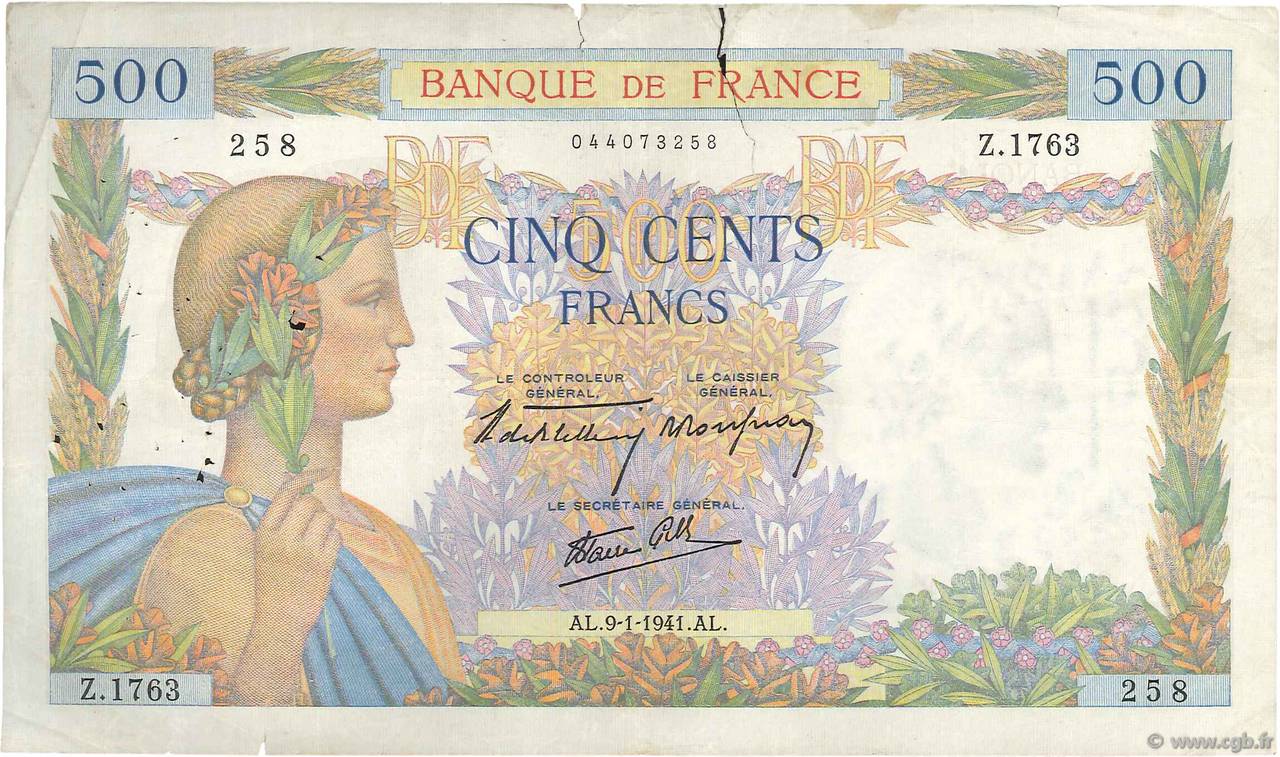 500 Francs LA PAIX FRANCIA  1941 F.32.12 q.BB