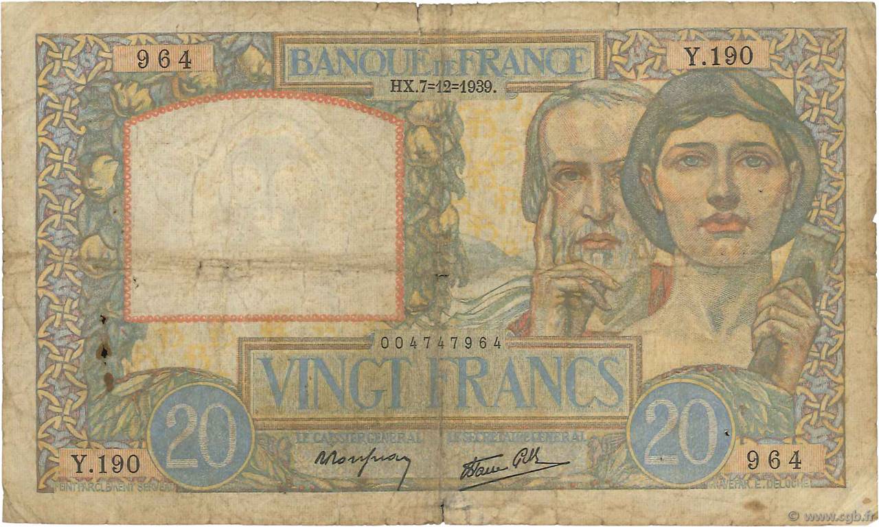 20 Francs TRAVAIL ET SCIENCE FRANKREICH  1939 F.12.01 SGE