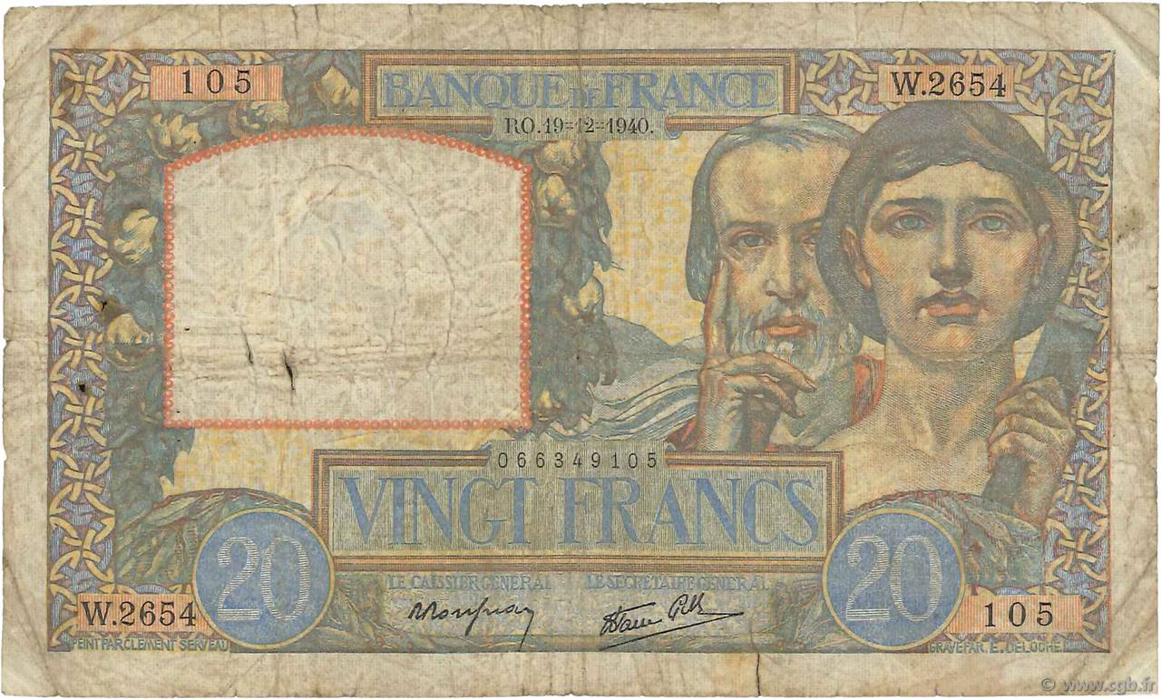 20 Francs TRAVAIL ET SCIENCE FRANCE  1940 F.12.11 G