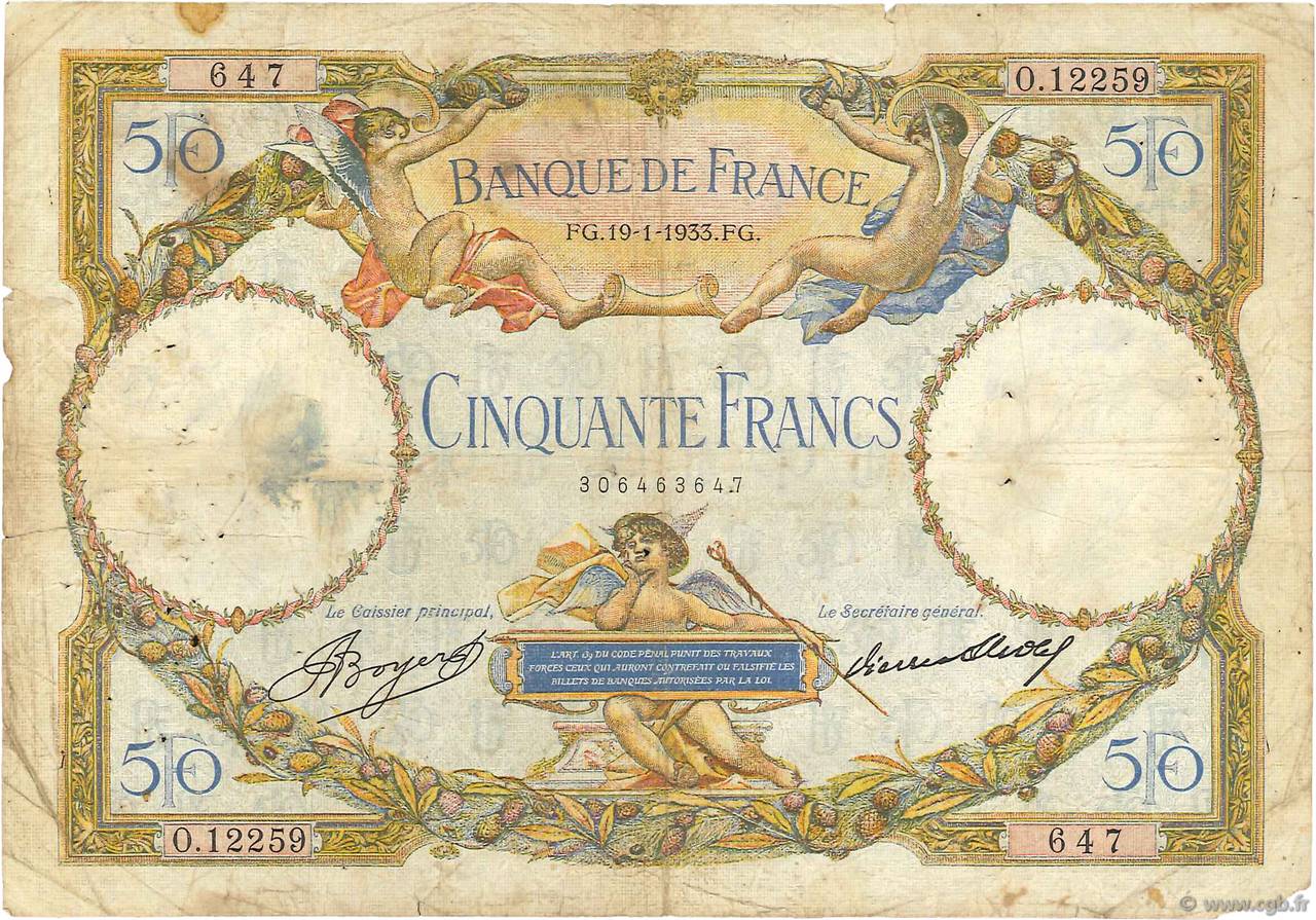 50 Francs LUC OLIVIER MERSON type modifié FRANCIA  1933 F.16.04 q.B