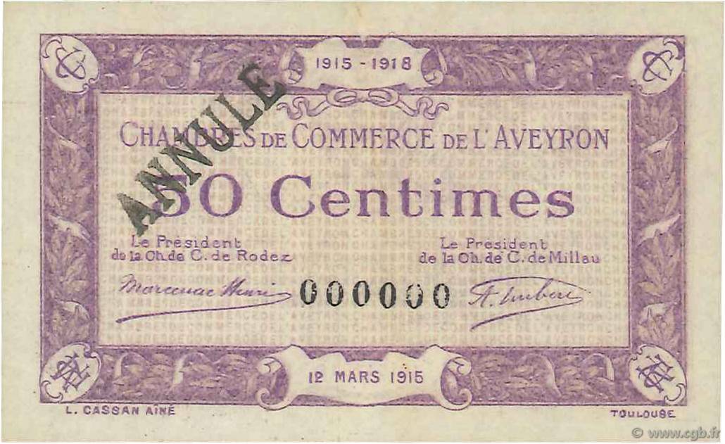 50 Centimes Annulé FRANCE Regionalismus und verschiedenen Rodez et Millau 1915 JP.108.04 fST to ST