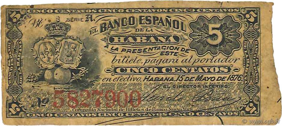 5 Centavos CUBA  1876 P.029b VF
