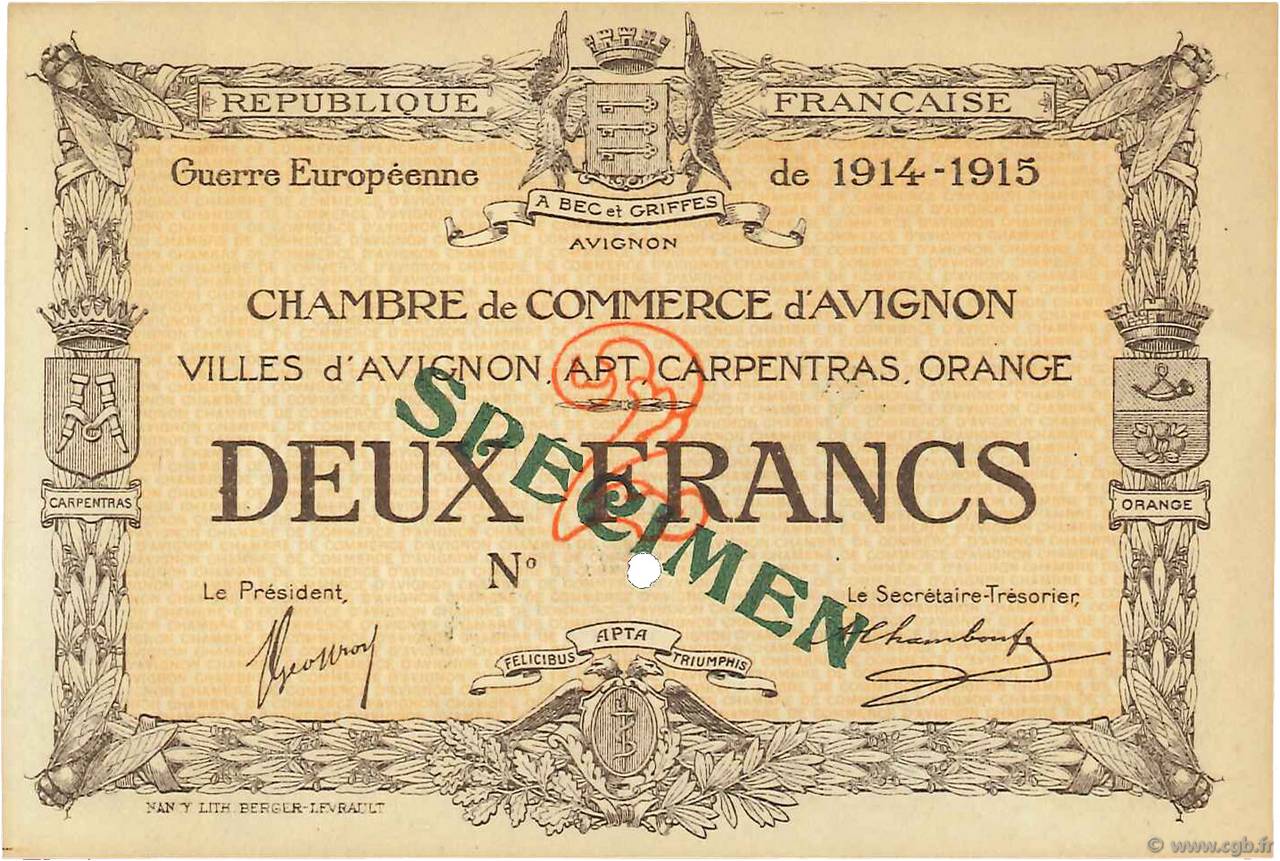 2 Francs Spécimen FRANCE regionalism and various Avignon 1915 JP.018.12 UNC-
