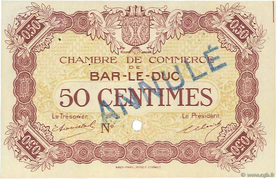 50 Centimes Annulé FRANCE Regionalismus und verschiedenen Bar-Le-Duc 1918 JP.019.02 fST