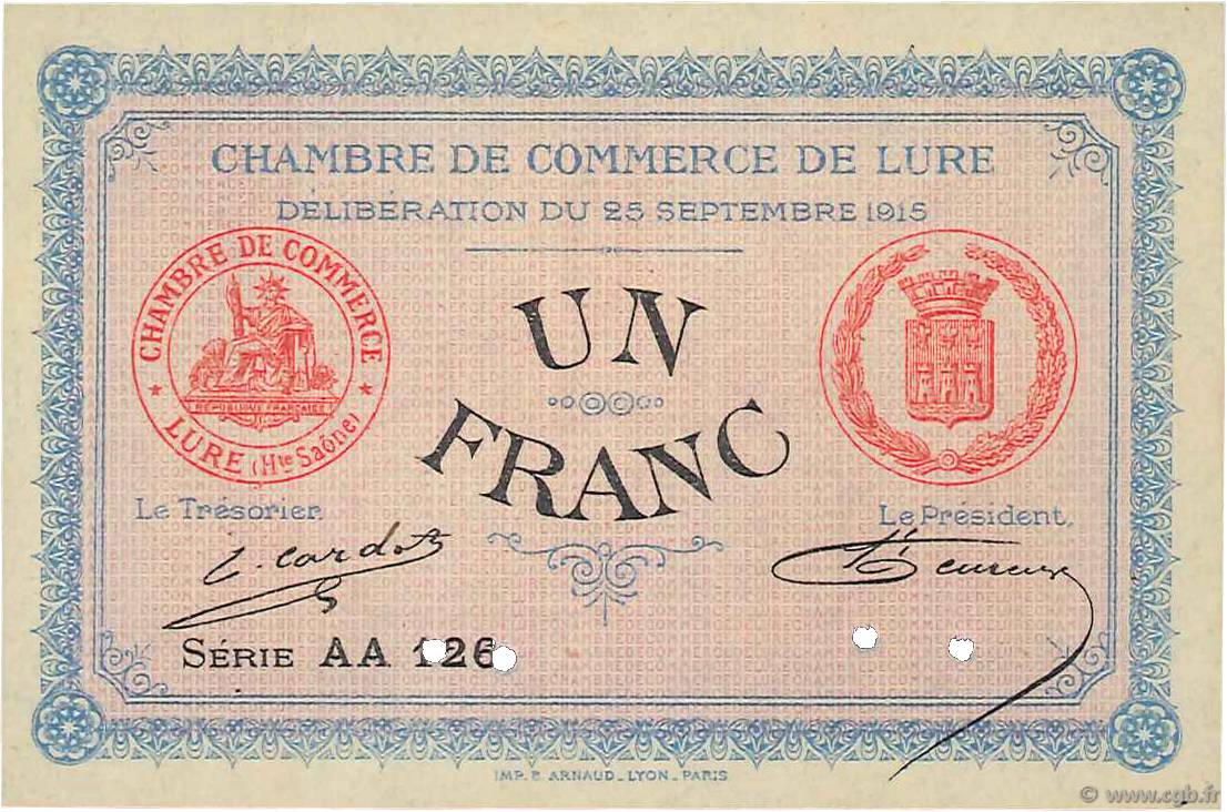 1 Franc Spécimen FRANCE regionalismo y varios Lure 1915 JP.076.10 FDC