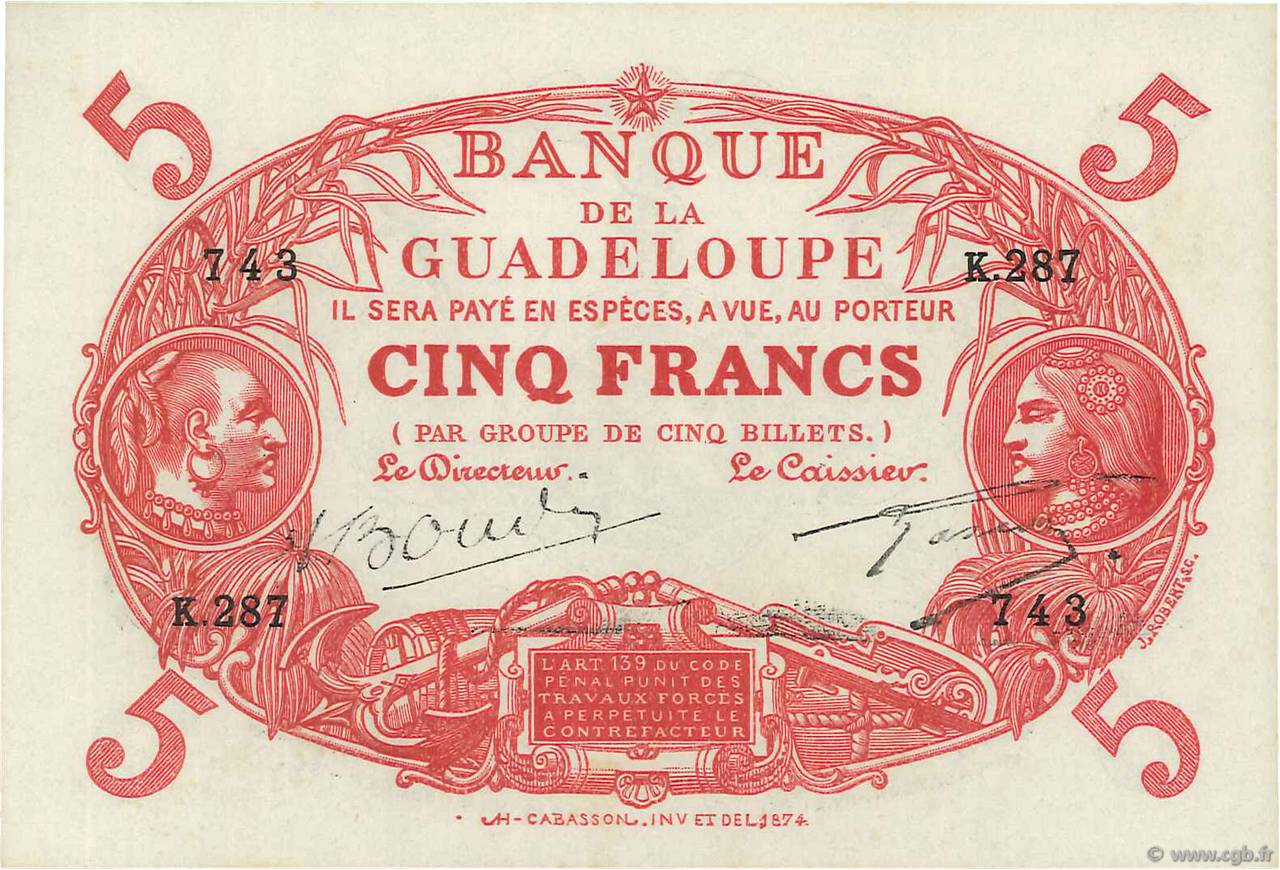 5 Francs Cabasson rouge GUADELOUPE  1945 P.07e UNC-