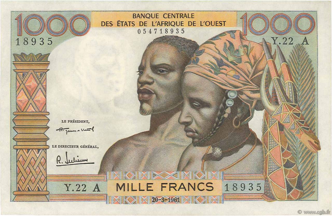 1000 Francs WEST AFRICAN STATES  1961 P.103Ab AU