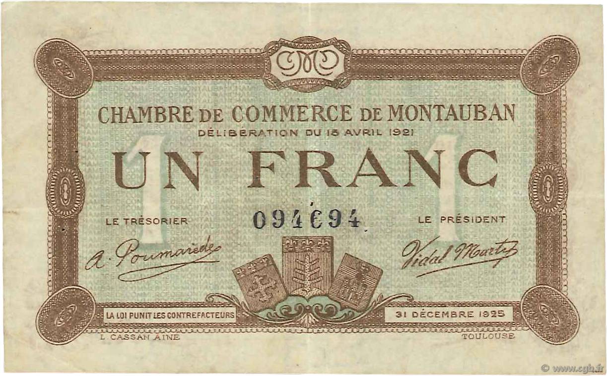 1 Franc FRANCE regionalism and various Montauban 1921 JP.083.19 VF