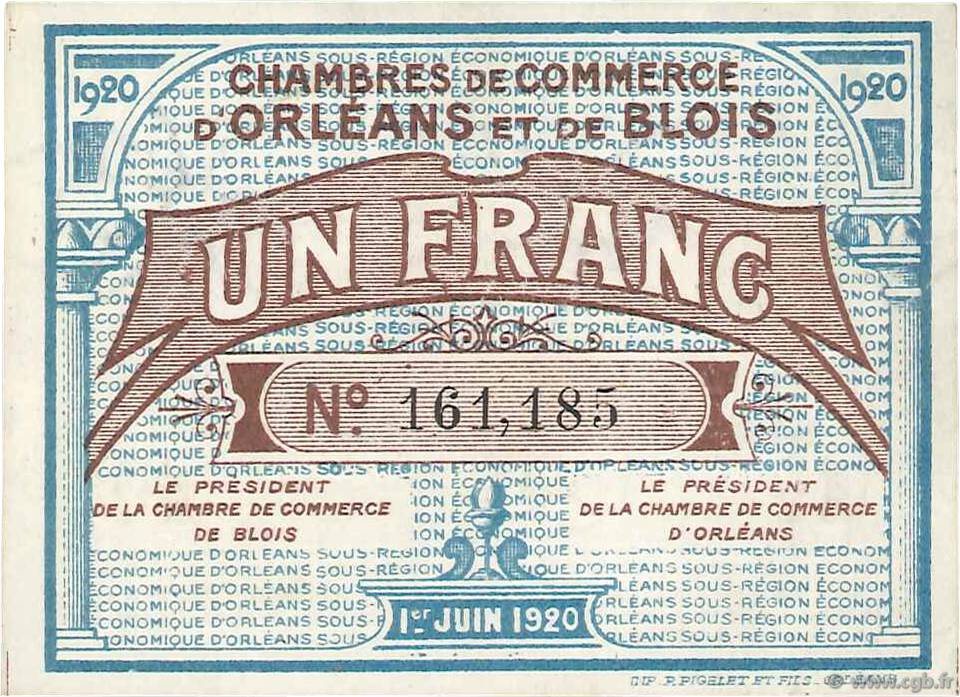 1 Franc FRANCE regionalismo e varie Orléans et Blois 1920 JP.096.03 q.FDC