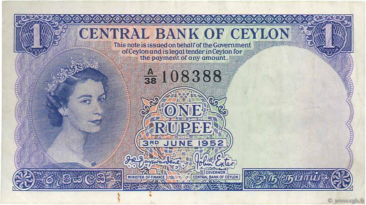 1 Rupee CEILáN  1952 P.049 MBC
