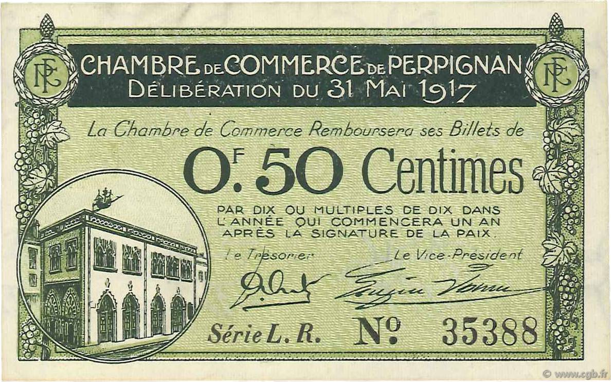 50 Centimes FRANCE regionalism and various Perpignan 1917 JP.100.21 AU