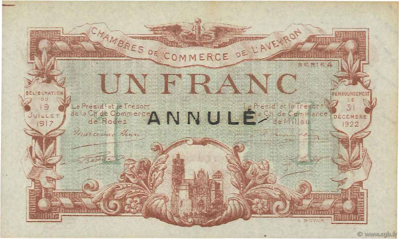 1 Franc Annulé FRANCE regionalismo y varios Rodez et Millau 1917 JP.108.15 FDC