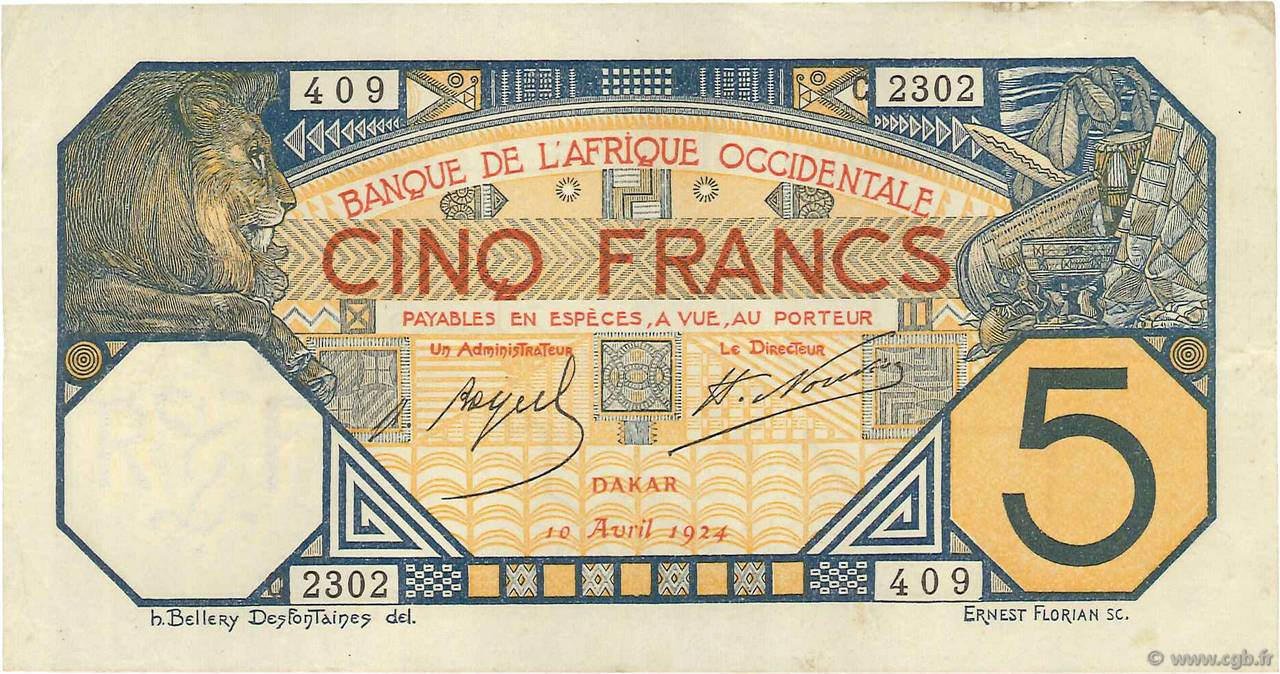 5 Francs DAKAR FRENCH WEST AFRICA Dakar 1924 P.05Bb fVZ
