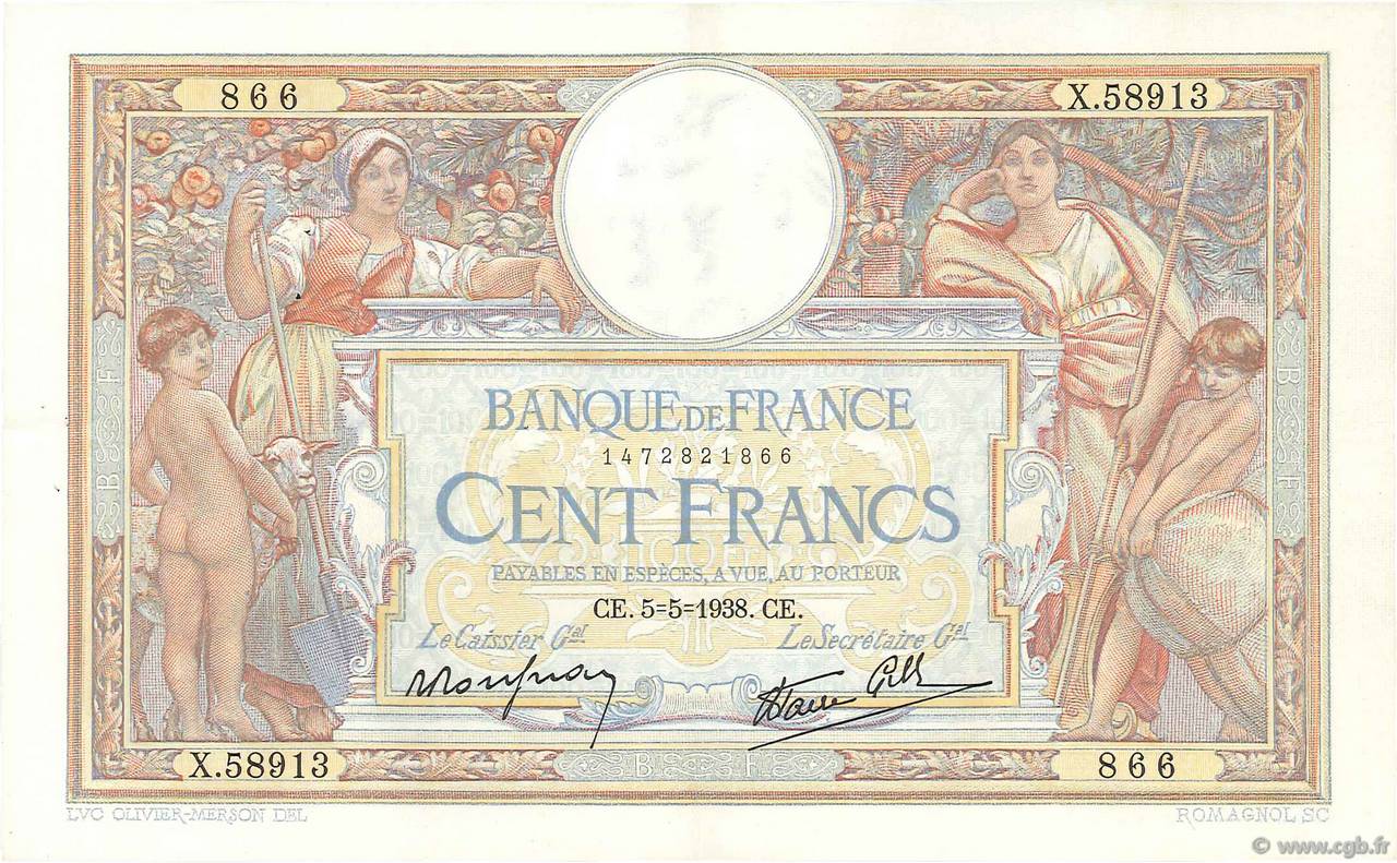 100 Francs LUC OLIVIER MERSON type modifié FRANKREICH  1938 F.25.17 VZ