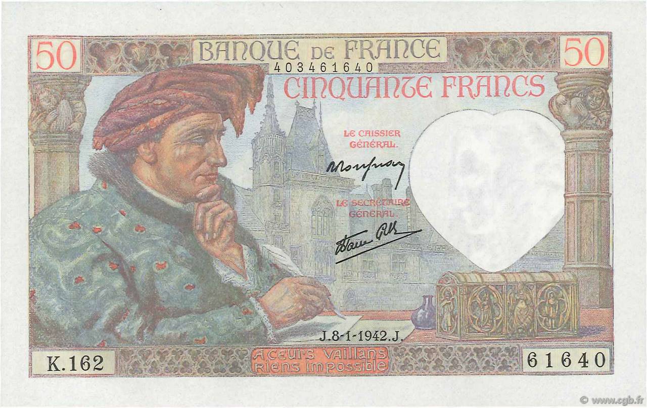 50 Francs JACQUES CŒUR FRANCIA  1942 F.19.18 FDC