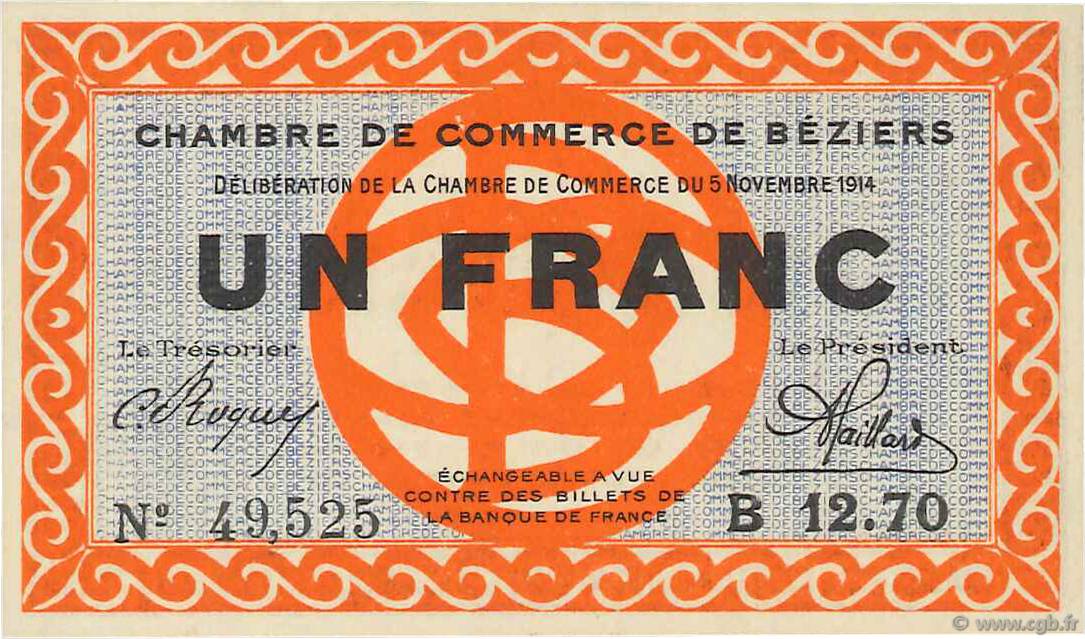1 Franc FRANCE regionalismo y varios Béziers 1914 JP.027.08 FDC