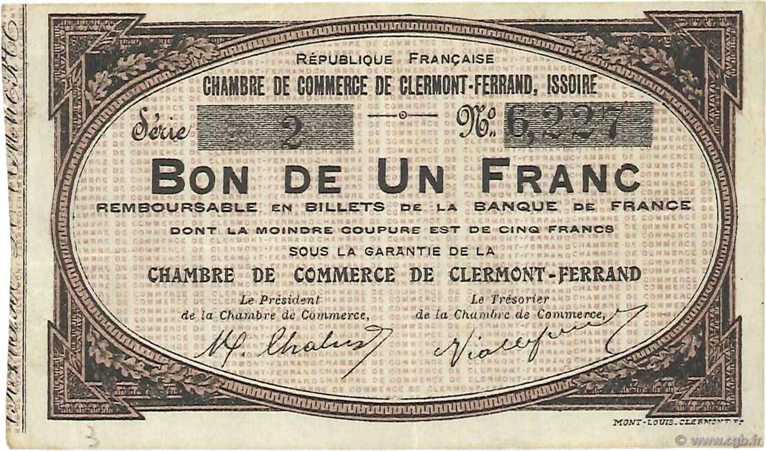 1 Franc FRANCE Regionalismus und verschiedenen Clermont-Ferrand, Issoire 1918 JP.048.01 VZ