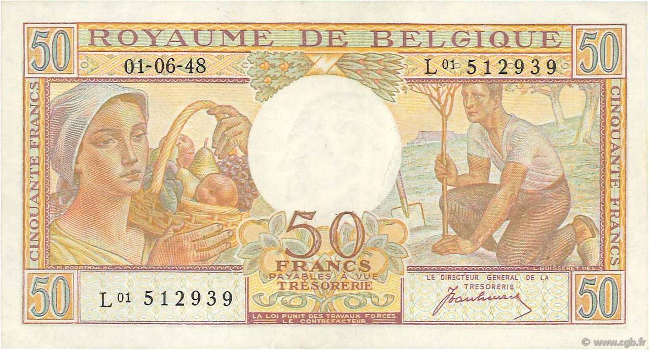 50 Francs BELGIEN  1948 P.133a VZ