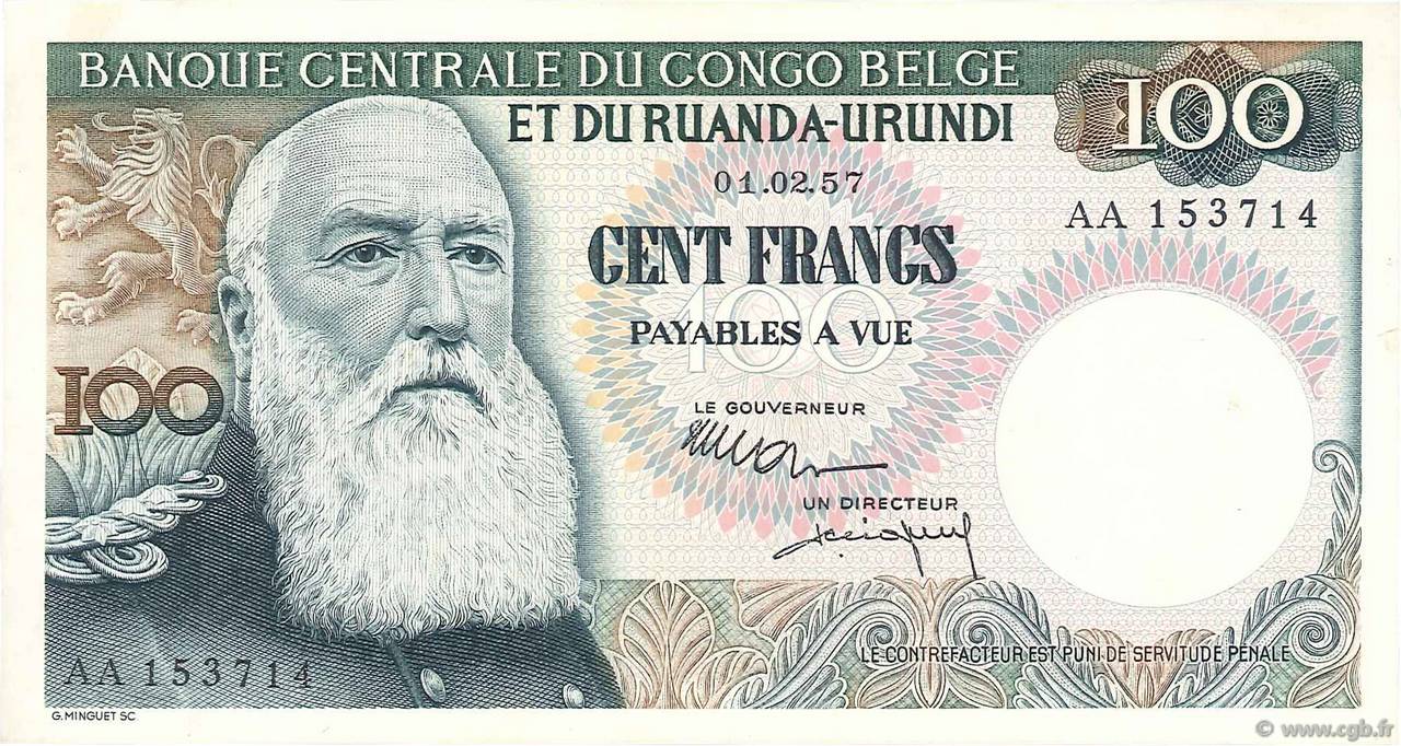 100 Francs BELGIAN CONGO  1957 P.33b XF