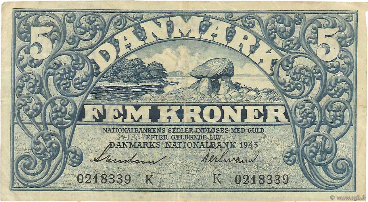 5 Kroner DANEMARK  1943 P.030k TTB