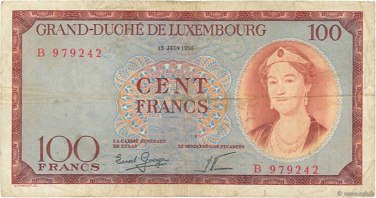100 Francs LUXEMBURGO  1956 P.50a BC