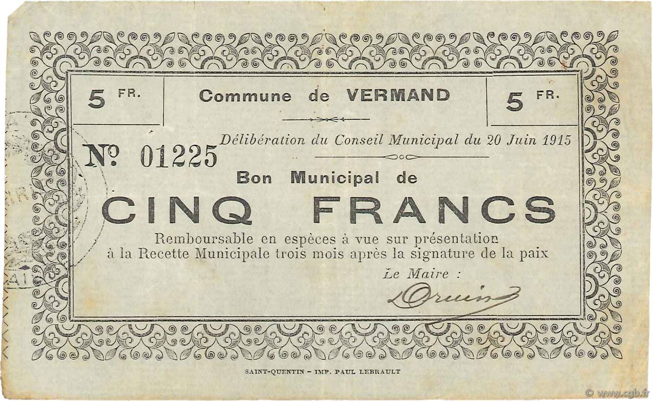 5 Francs FRANCE regionalism and various  1915 JP.02-2384 VF