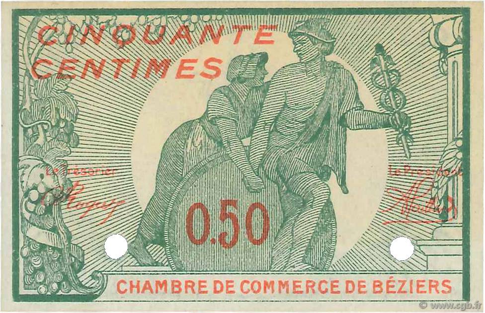 50 Centimes Spécimen FRANCE regionalismo e varie Béziers 1916 JP.027.21 FDC