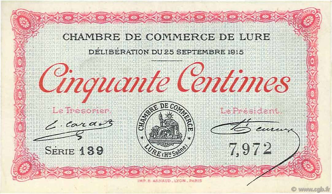 50 Centimes FRANCE Regionalismus und verschiedenen Lure 1915 JP.076.01 fST+