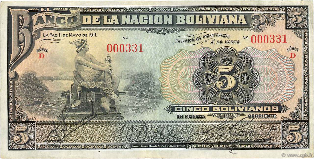 5 Bolivianos BOLIVIA  1911 P.106a BB