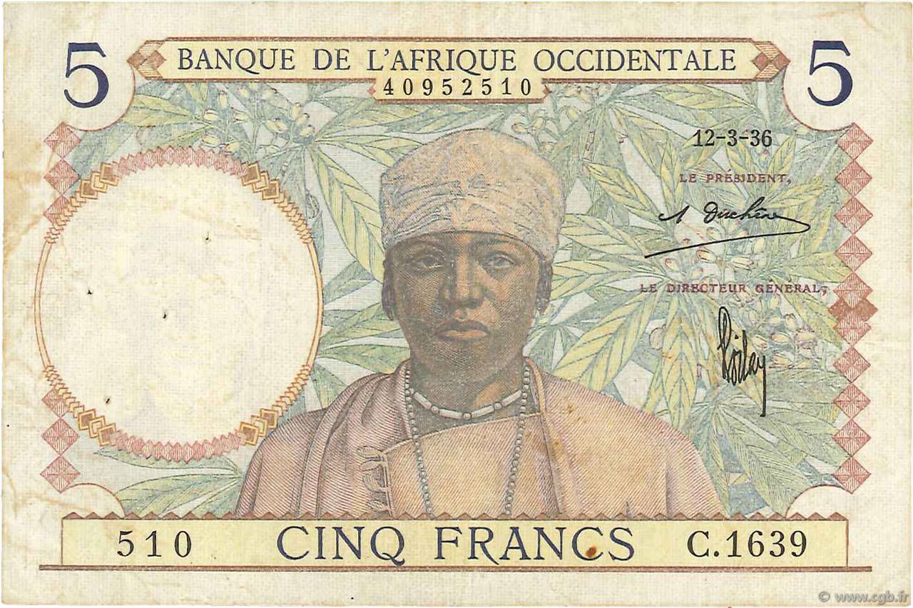 5 Francs FRENCH WEST AFRICA  1936 P.21 MBC