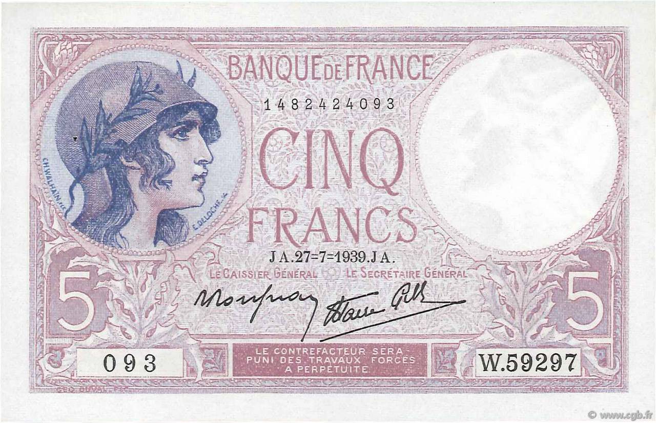 5 Francs FEMME CASQUÉE modifié FRANCE  1939 F.04.03 AU