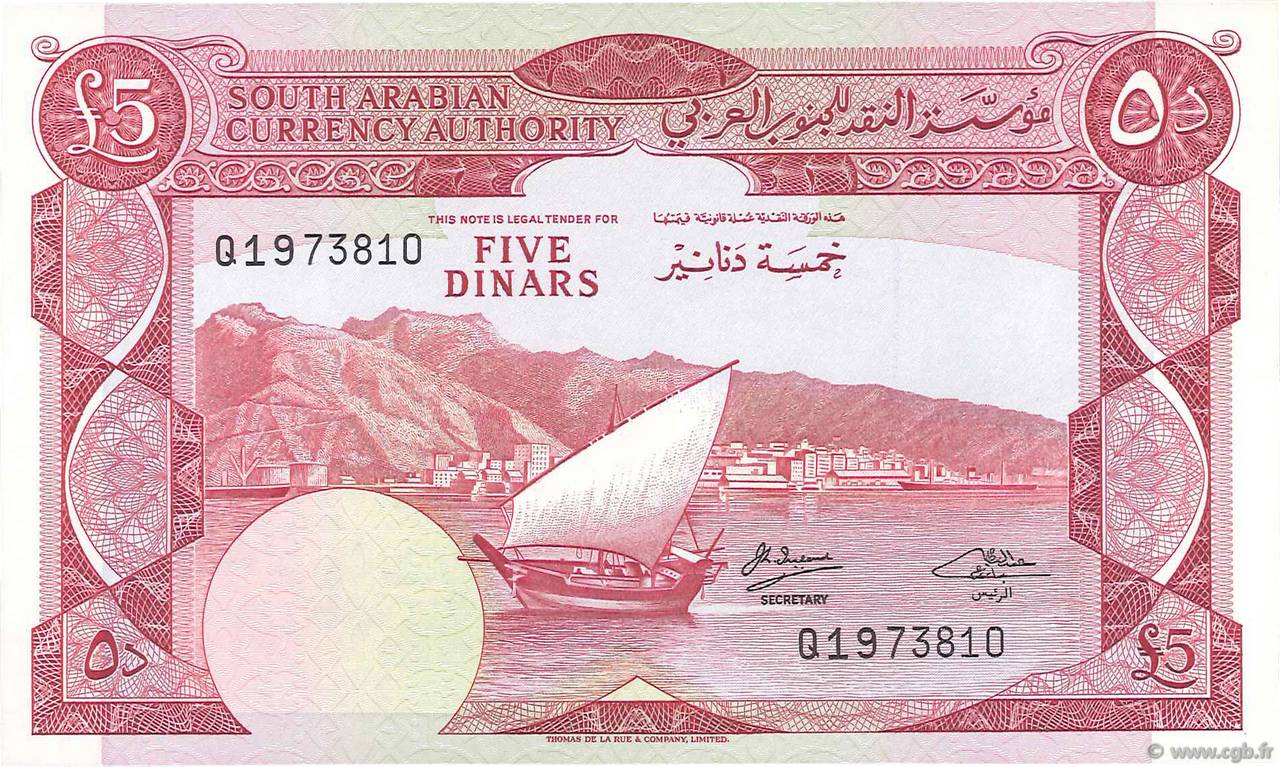 5 Dinars YEMEN DEMOCRATIC REPUBLIC  1965 P.04b UNC-