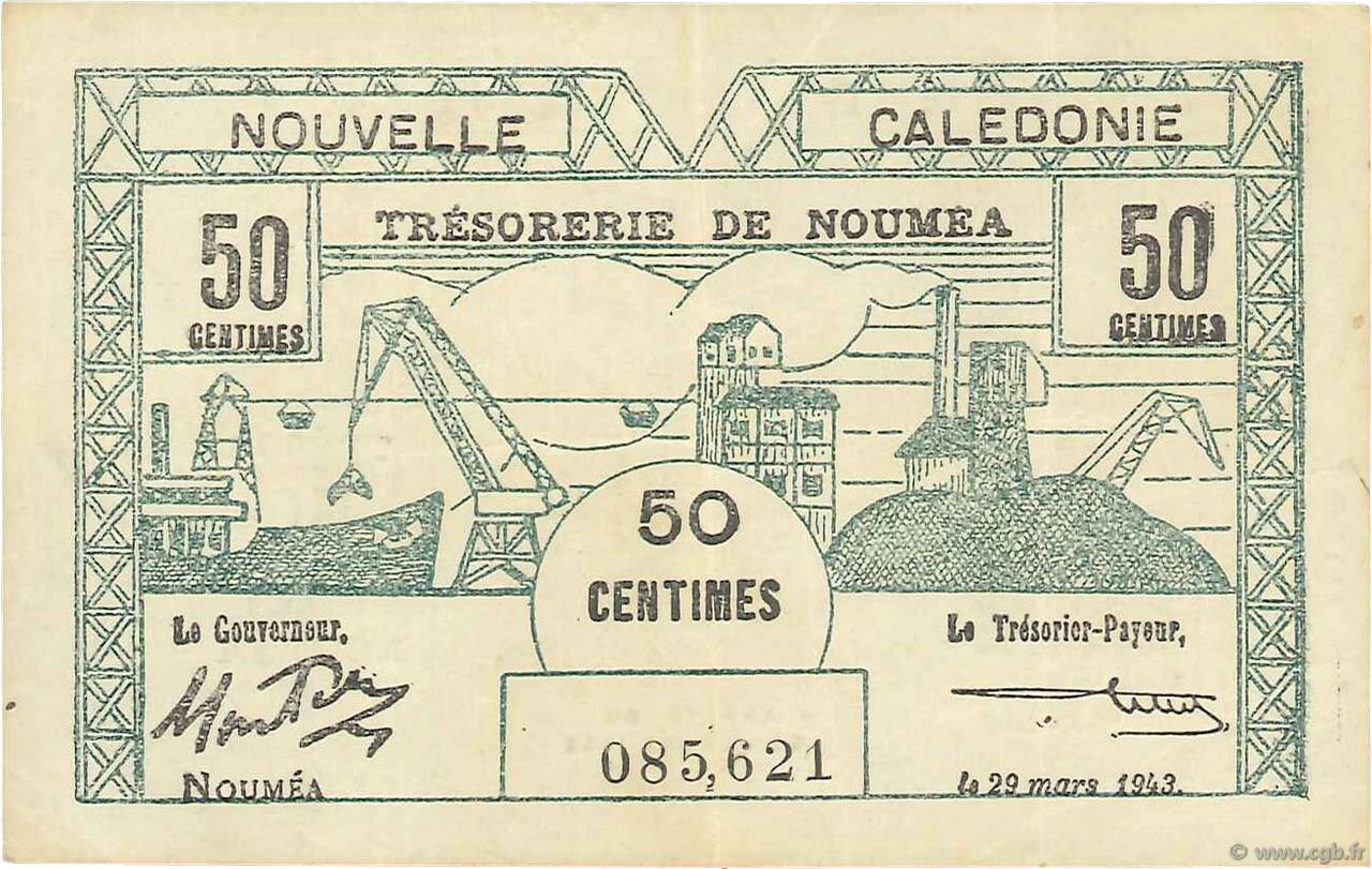 50 Centimes NEW CALEDONIA  1943 P.54 VF+