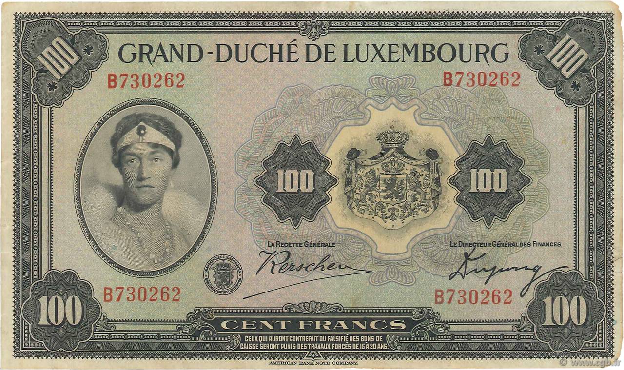 100 Francs LUXEMBURG  1934 P.39a fVZ