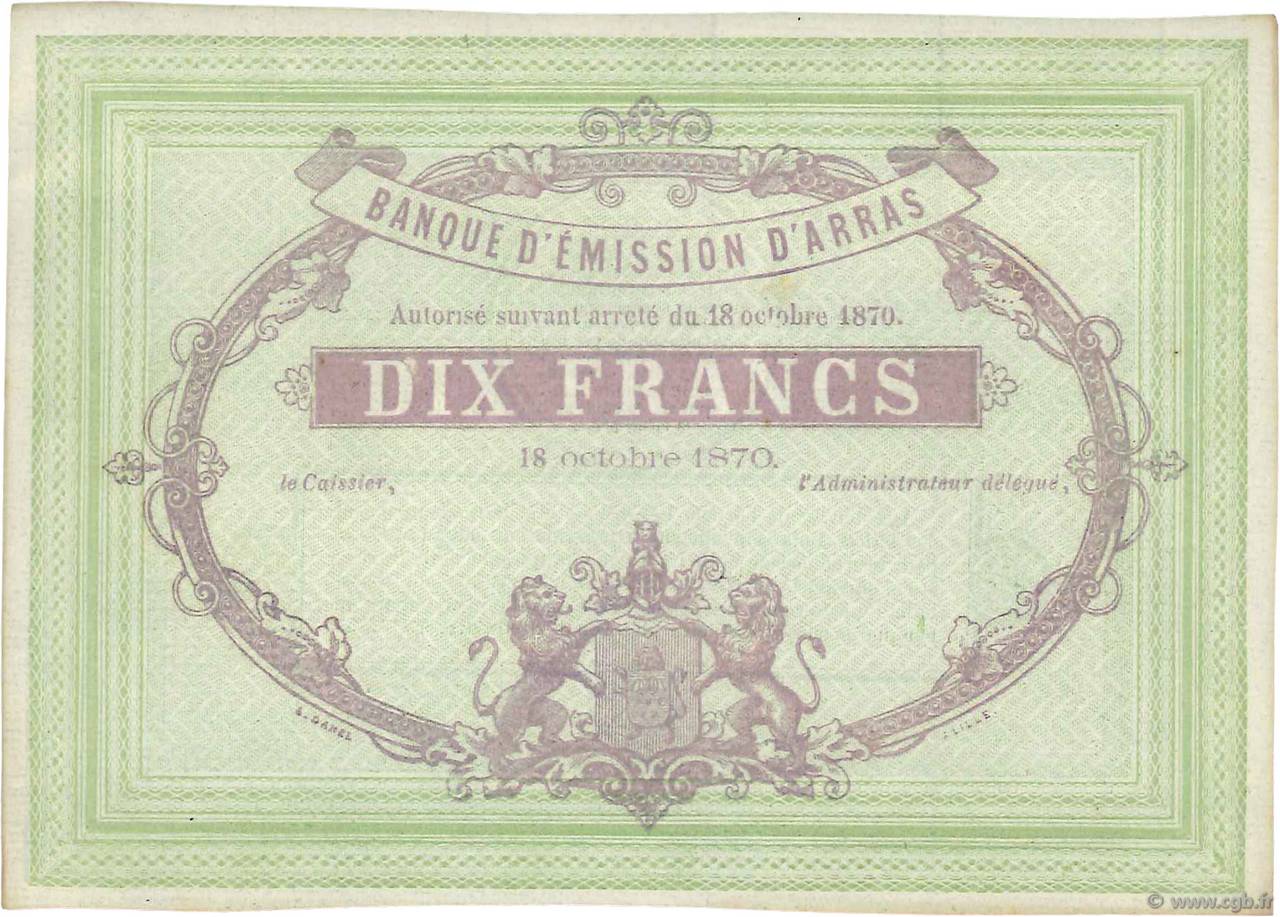 10 Francs Non émis FRANCE regionalismo y varios Arras 1870 JER.62.02C SC